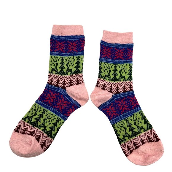 Womens Wool Blend Socks Crew Knit Green Pink Blue Red Christmas Tree Reindeers - Picture 5 of 5